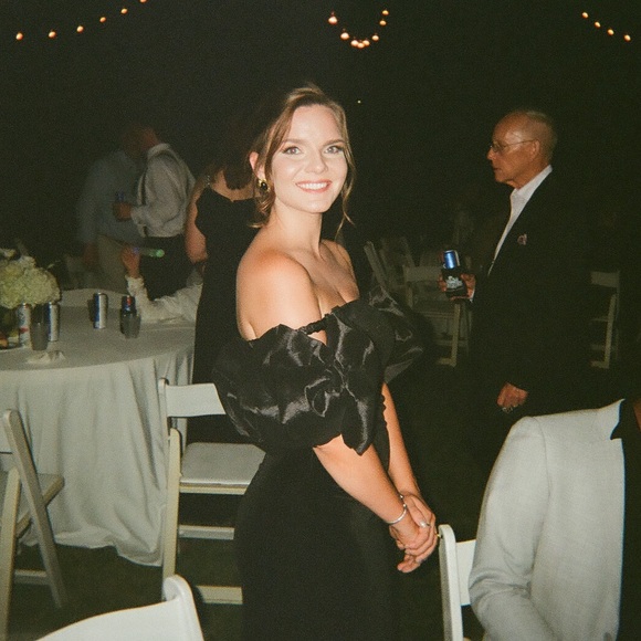 B. Darlin Taffeta Off-The-Shoulder Bow Trim Side Slit Long Dress - Picture 3 of 4